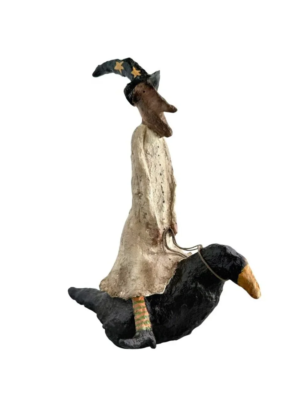 Kevin Smith Folk Art Primitive Halloween Witch Riding on Crow Whimsigoth 12”